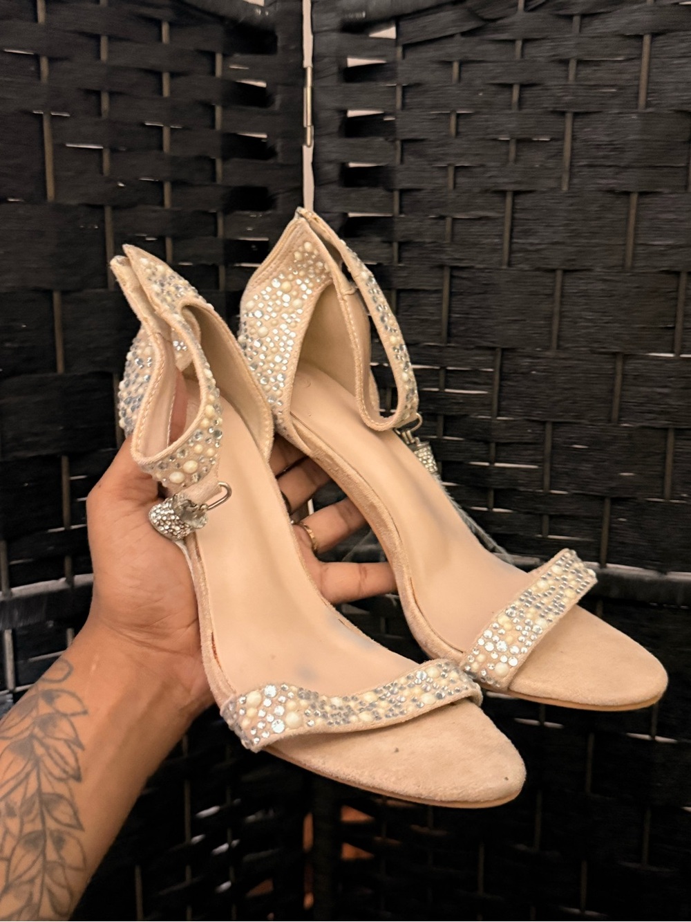 Women's Blush Pink Rhinestone Ankle Strap Heels